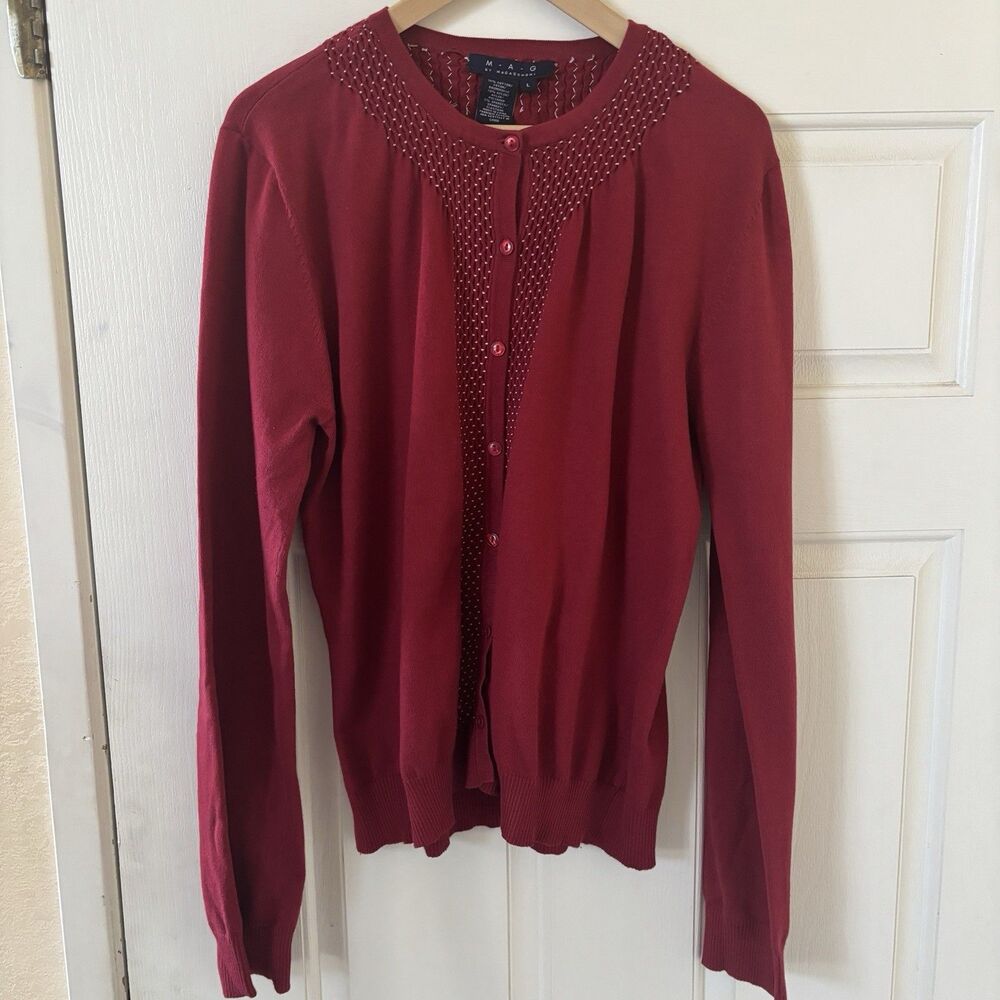 MAG Magaschoni Womens Cardigan Sweater Size Large Embroidery Red Glam Office 90s - Picture 3 of 12